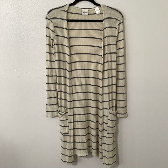 Daytrip Minimalist Chic Cozycore Slouchy Striped Cream Long Open Cardigan Small - Picture 1 of 10